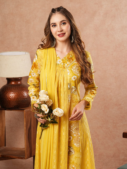 Floral Printed Sequins & Beads Embellished Paneled Kurta with Pants & Dupatta - Yellow