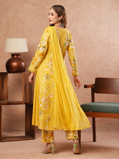 Floral Printed Sequins & Beads Embellished Paneled Kurta with Pants & Dupatta - Yellow