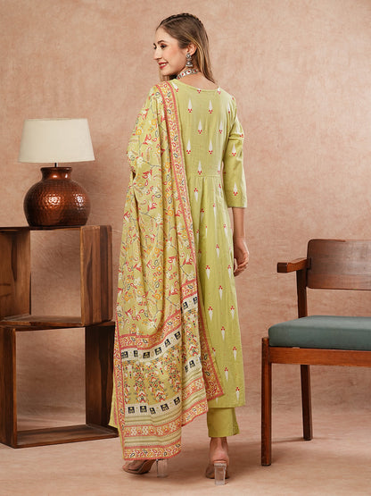 Abstract Printed Mirror & Beads Embroidered Anarkali Kurta with Pants & Dupatta - Green