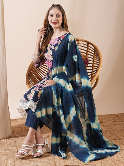 Floral Printed Sequins & Resham Lace Embellished Kurta with Pants & Shibori Dupatta - Blue