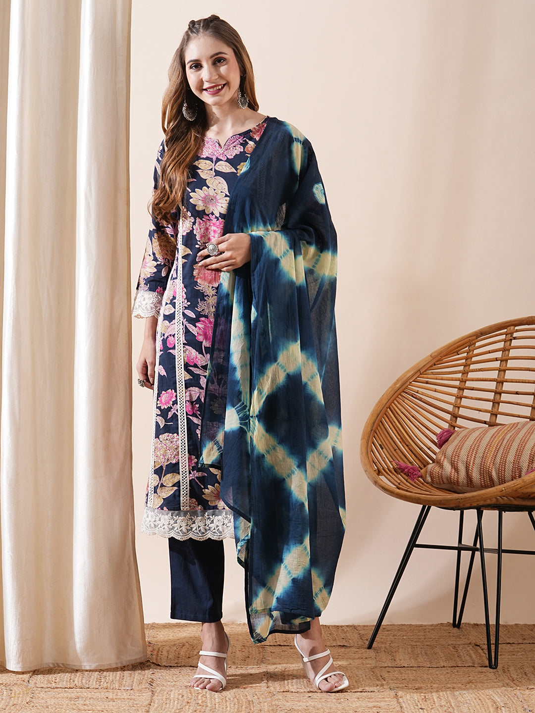 Floral Printed Sequins & Resham Lace Embellished Kurta with Pants & Shibori Dupatta - Blue