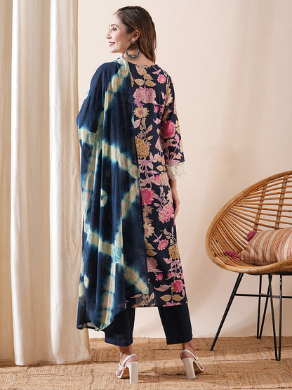 Floral Printed Sequins & Resham Lace Embellished Kurta with Pants & Shibori Dupatta - Blue