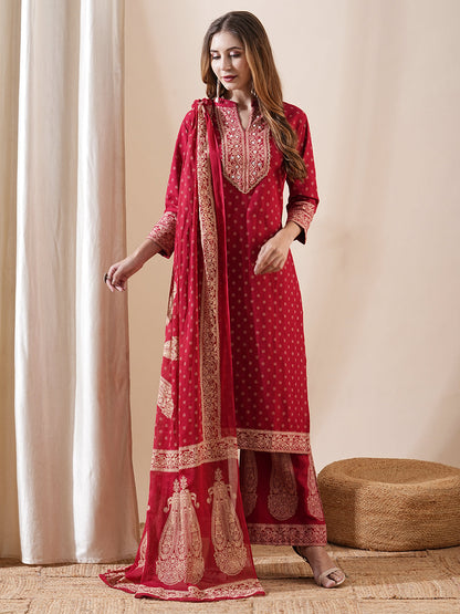 Ethnic Printed Mirror Embroidered Kurta with Flared Pants & Dupatta - Maroon