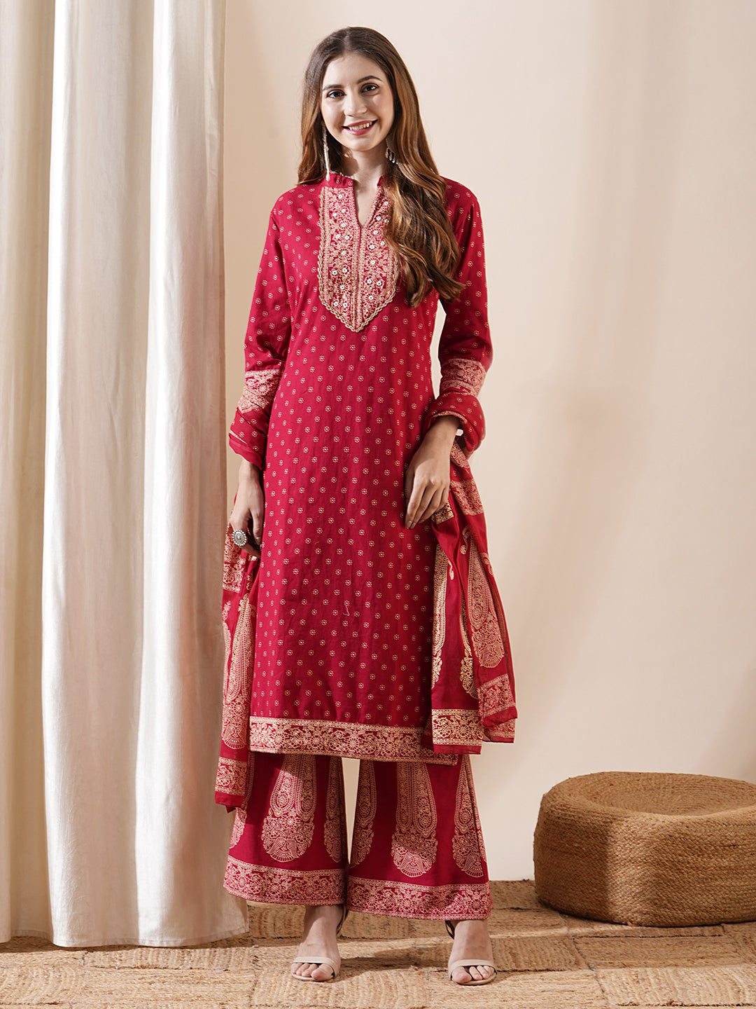 Ethnic Printed Mirror Embroidered Kurta with Flared Pants & Dupatta - Maroon