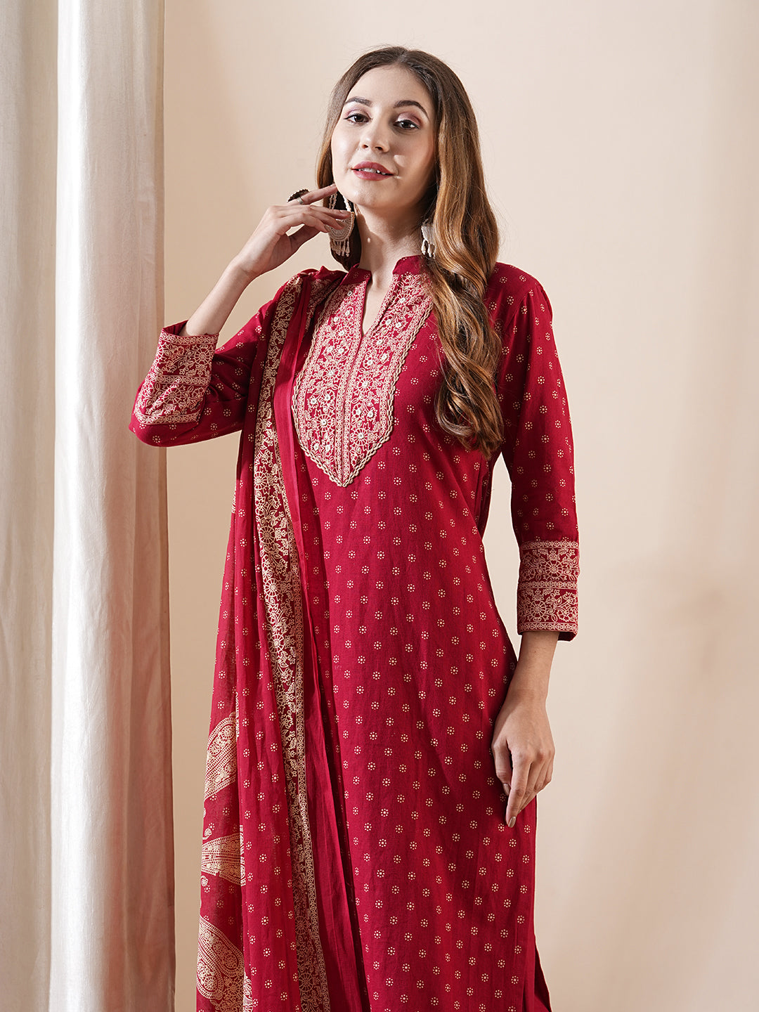 Ethnic Printed Mirror Embroidered Kurta with Flared Pants & Dupatta - Maroon