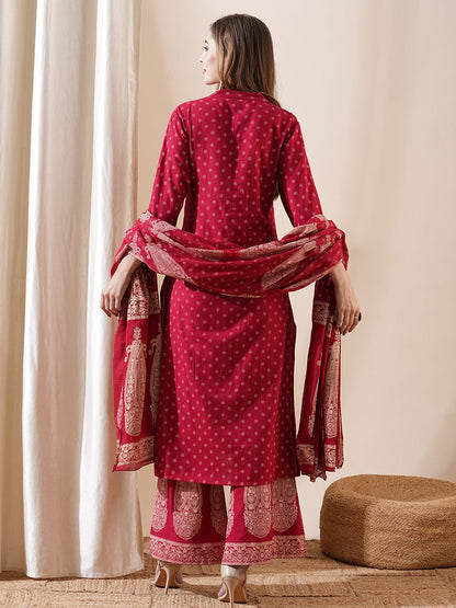 Ethnic Printed Mirror Embroidered Kurta with Flared Pants & Dupatta - Maroon