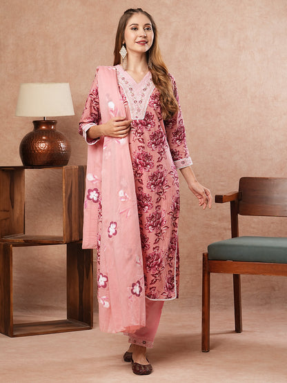 Floral Printed Zari Embroidered Kurta with Pants & Hand Painted Dupatta - Pink