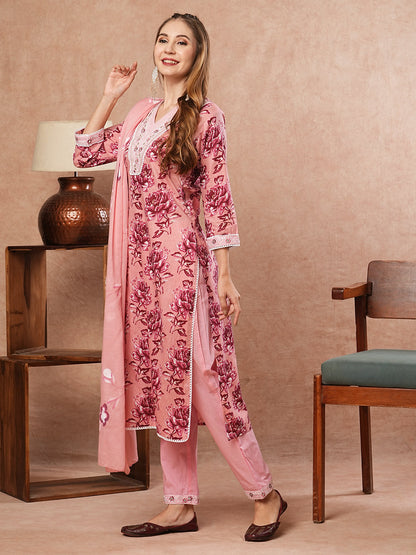 Floral Printed Zari Embroidered Kurta with Pants & Hand Painted Dupatta - Pink