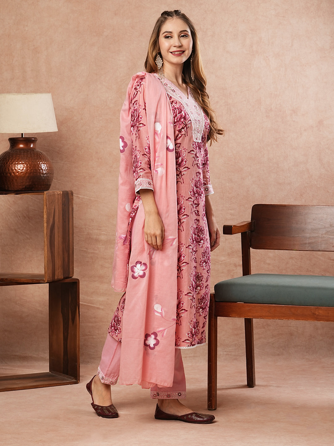 Floral Printed Zari Embroidered Kurta with Pants & Hand Painted Dupatta - Pink