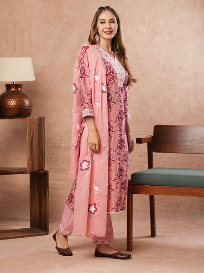 Floral Printed Zari Embroidered Kurta with Pants & Hand Painted Dupatta - Pink