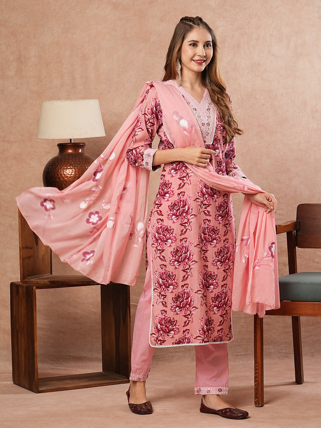 Floral Printed Zari Embroidered Kurta with Pants & Hand Painted Dupatta - Pink