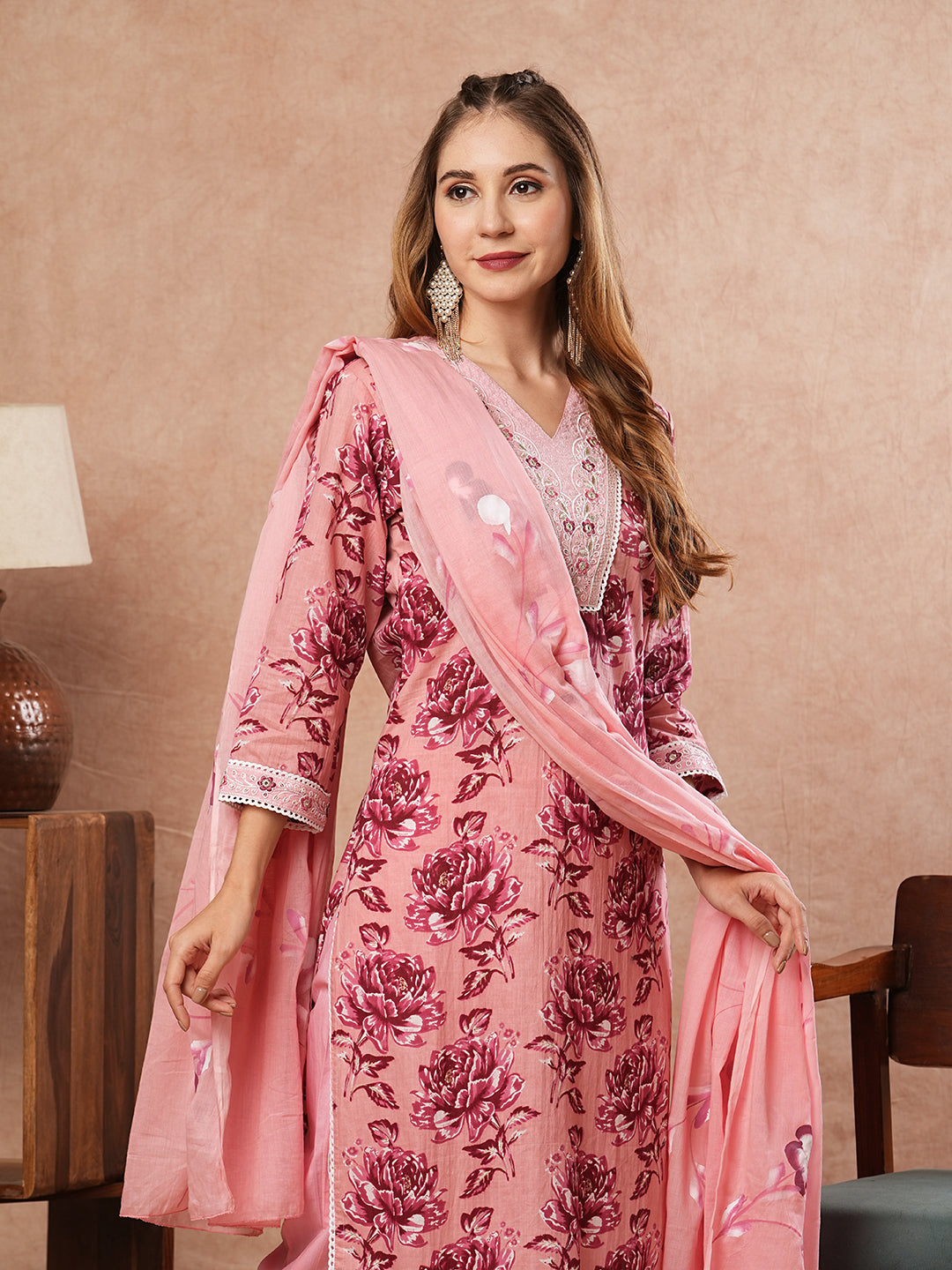 Floral Printed Zari Embroidered Kurta with Pants & Hand Painted Dupatta - Pink