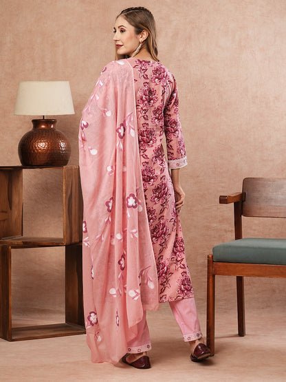 Floral Printed Zari Embroidered Kurta with Pants & Hand Painted Dupatta - Pink