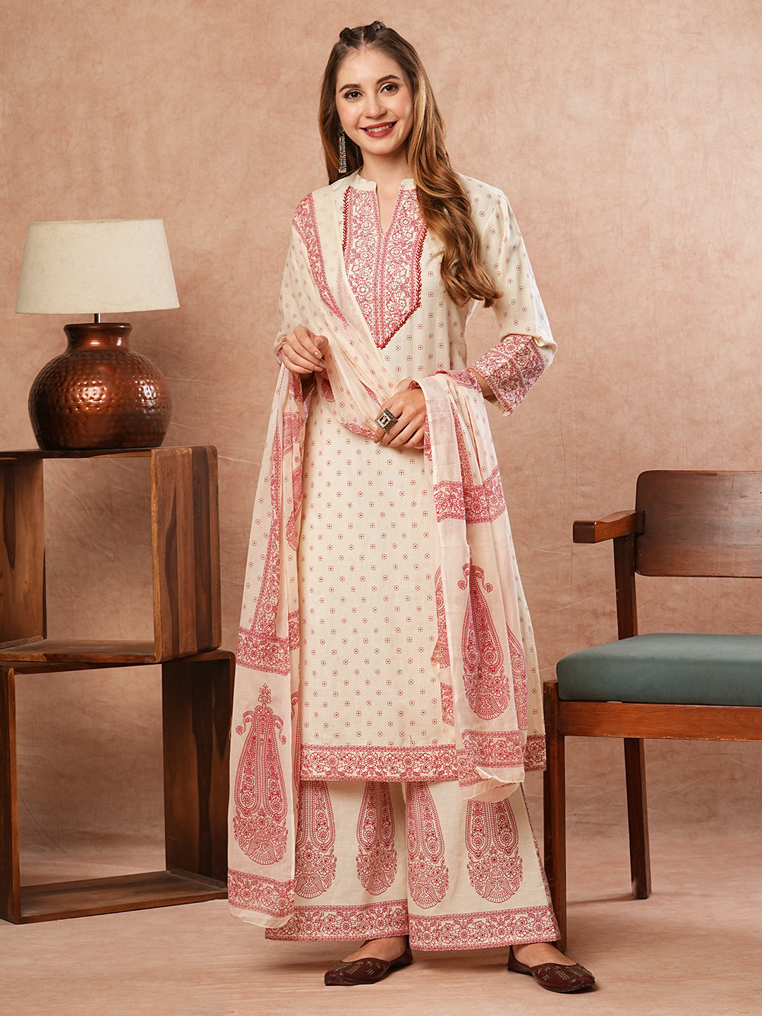 Ethnic Printed Mirror Embroidered Kurta with Flared Pants & Dupatta - Off White