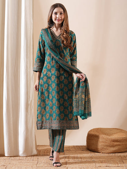 Ethnic Block Printed Sequins Embellished Kurta with Pants & Block Print Dupatta - Teal