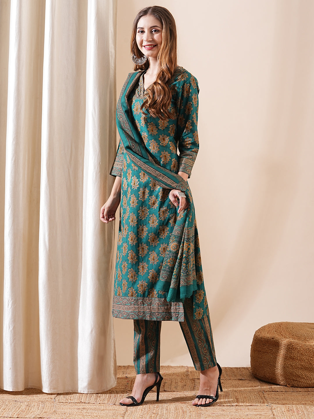 Ethnic Block Printed Sequins Embellished Kurta with Pants & Block Print Dupatta - Teal