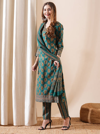 Ethnic Block Printed Sequins Embellished Kurta with Pants & Block Print Dupatta - Teal