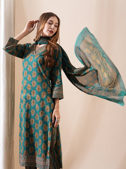 Ethnic Block Printed Sequins Embellished Kurta with Pants & Block Print Dupatta - Teal