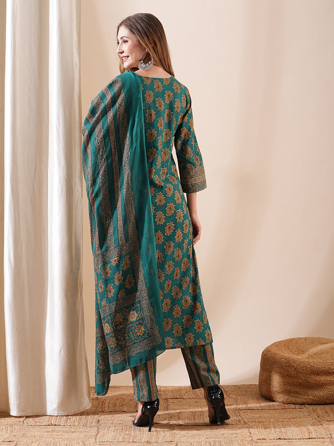 Ethnic Block Printed Sequins Embellished Kurta with Pants & Block Print Dupatta - Teal