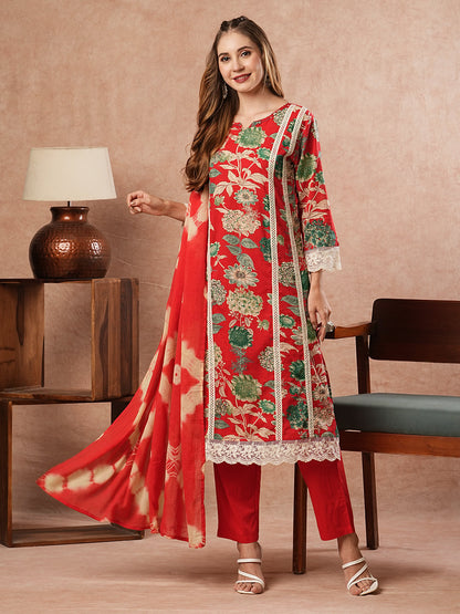 Floral Printed Sequins & Resham Lace Embellished Kurta with Pants & Shibori Dupatta - Red