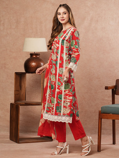 Floral Printed Sequins & Resham Lace Embellished Kurta with Pants & Shibori Dupatta - Red