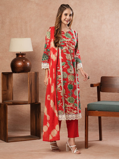 Floral Printed Sequins & Resham Lace Embellished Kurta with Pants & Shibori Dupatta - Red