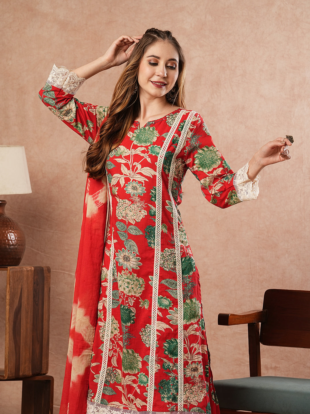 Floral Printed Sequins & Resham Lace Embellished Kurta with Pants & Shibori Dupatta - Red