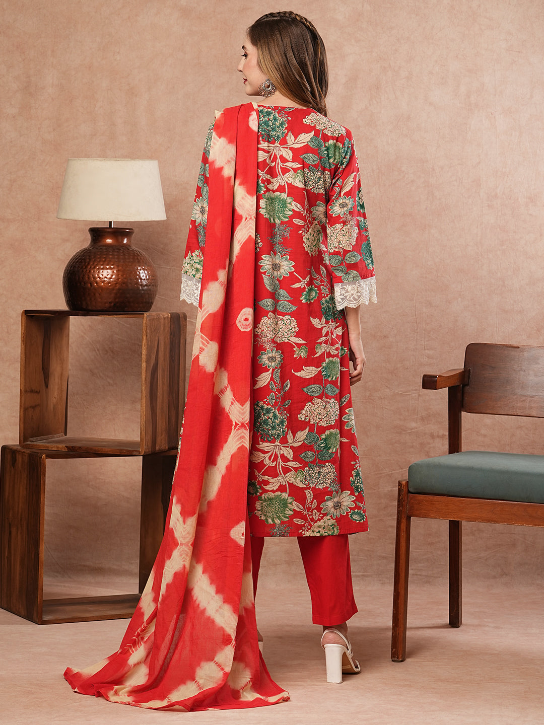 Floral Printed Sequins & Resham Lace Embellished Kurta with Pants & Shibori Dupatta - Red