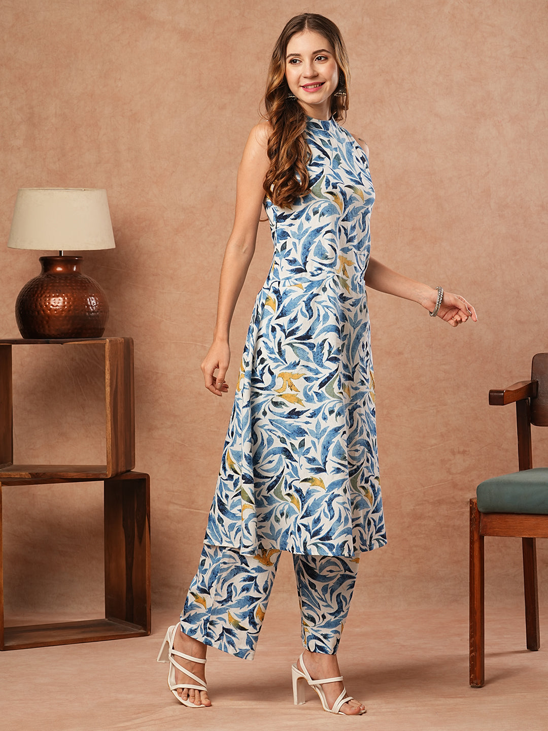 Floral Printed A-Line Fit Co-ord Set - Blue