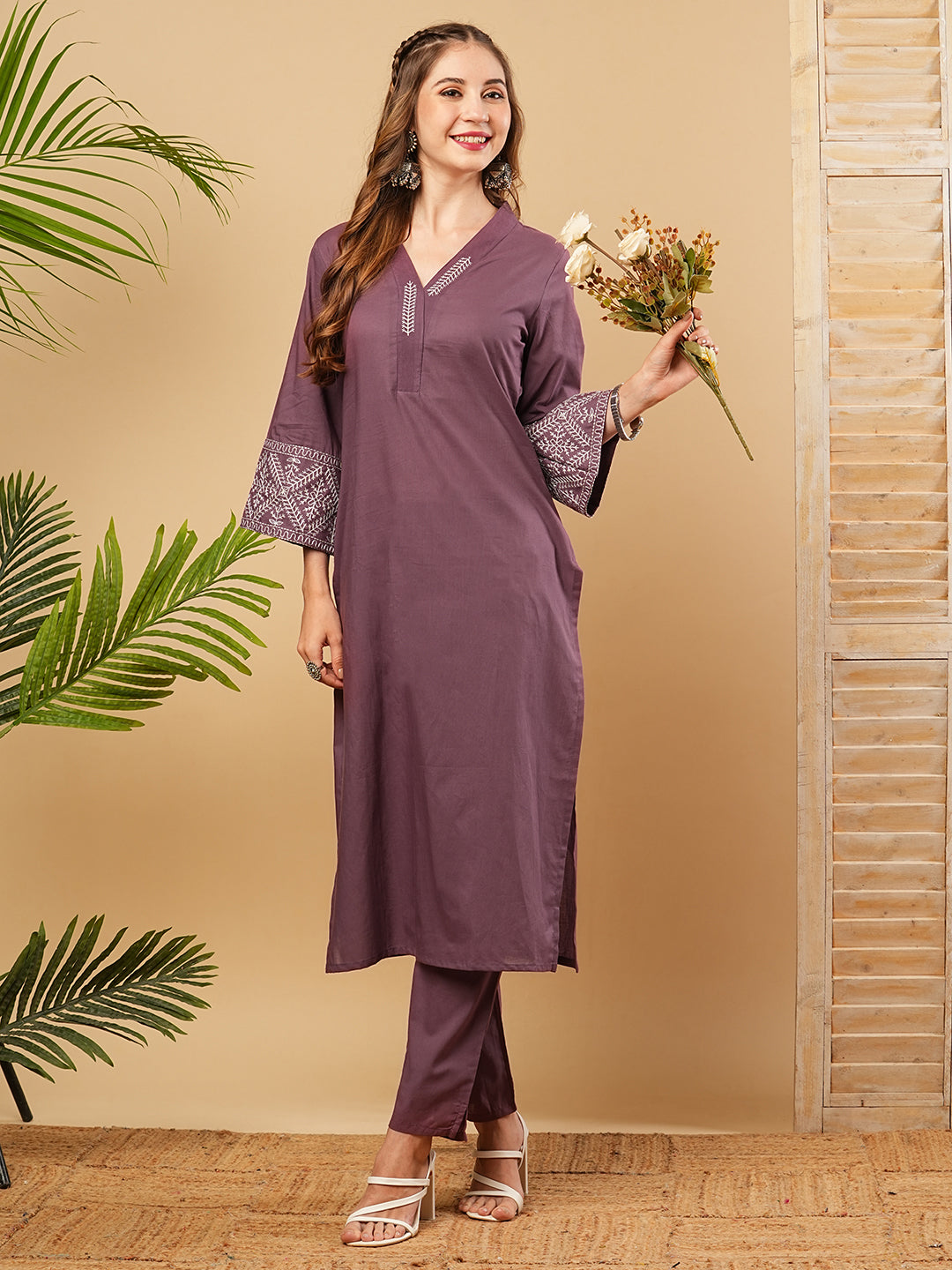 Solid Resham Embroidered Bell Sleeves Kurta with Pants - Mauve