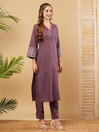 Solid Resham Embroidered Bell Sleeves Kurta with Pants - Mauve