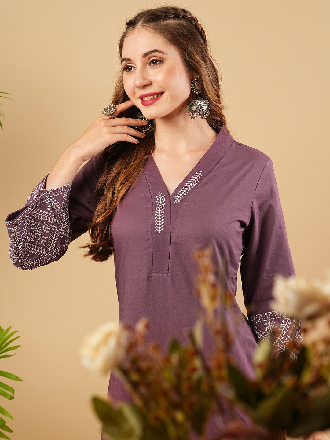 Solid Resham Embroidered Bell Sleeves Kurta with Pants - Mauve