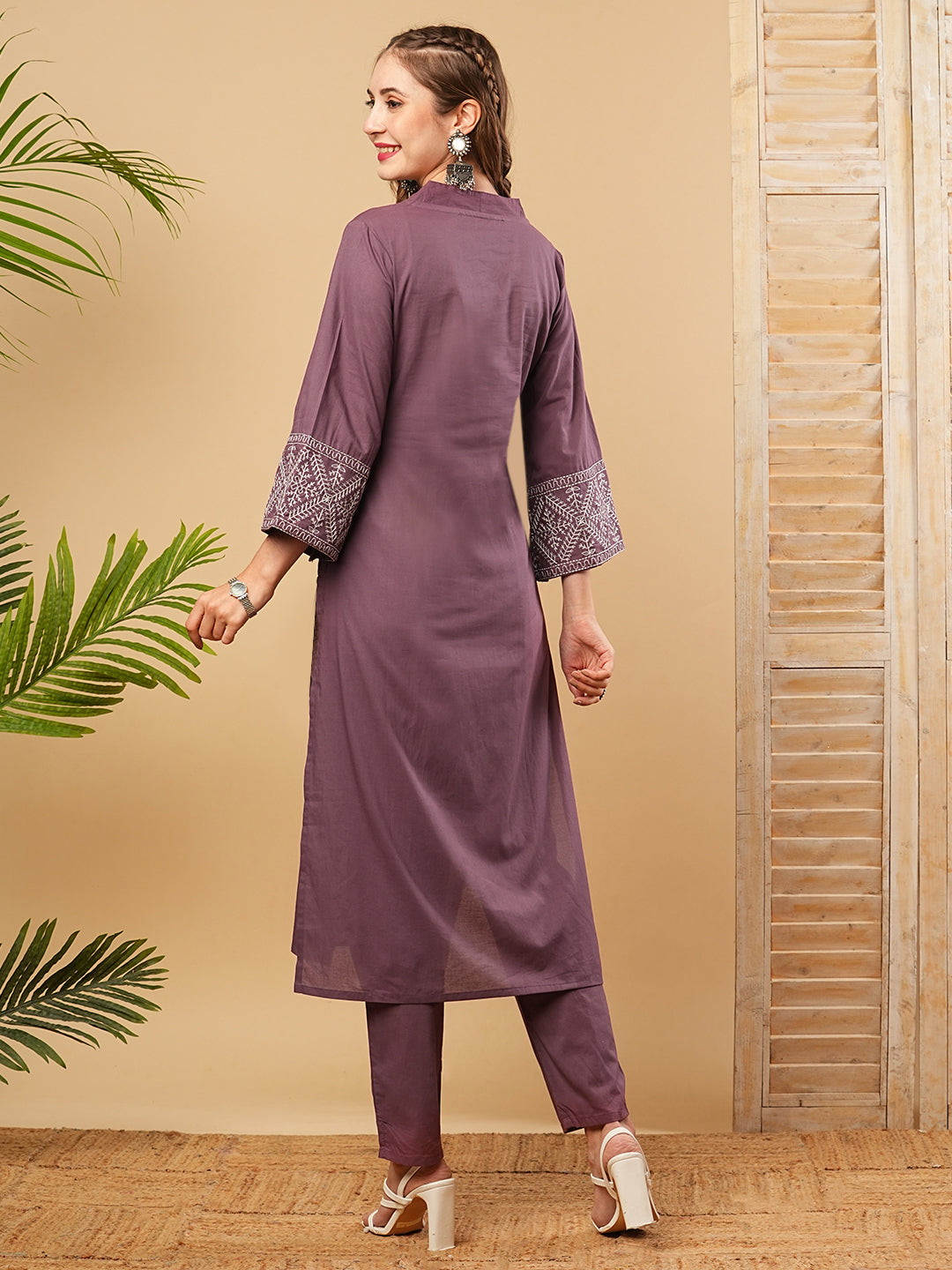 Solid Resham Embroidered Bell Sleeves Kurta with Pants - Mauve