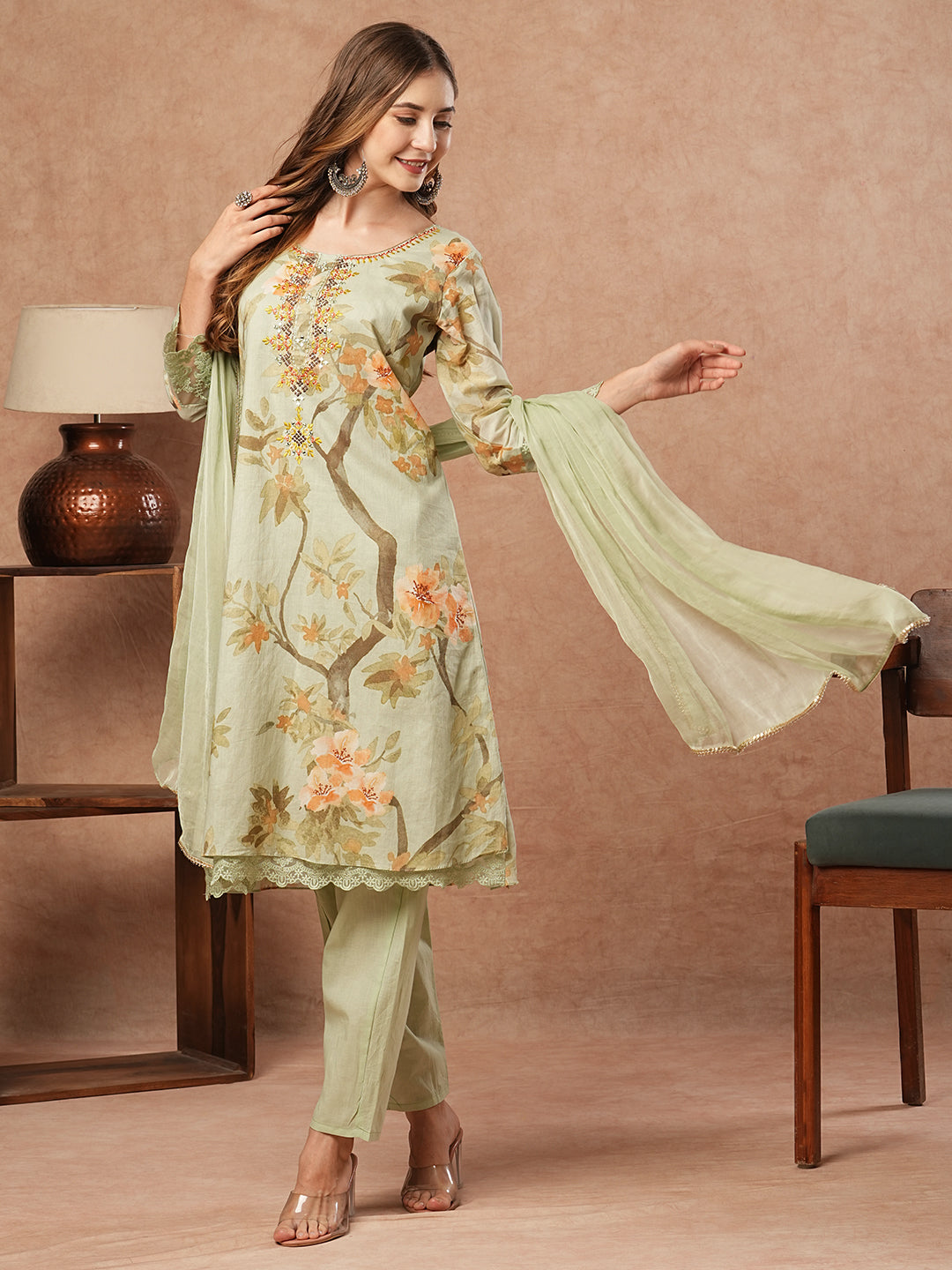 Floral Printed Mirror & Stones Embroidered Kurta with Pants & Dupatta - Pastel Green