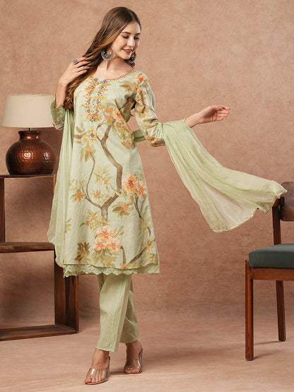 Floral Printed Mirror & Stones Embroidered Kurta with Pants & Dupatta - Pastel Green