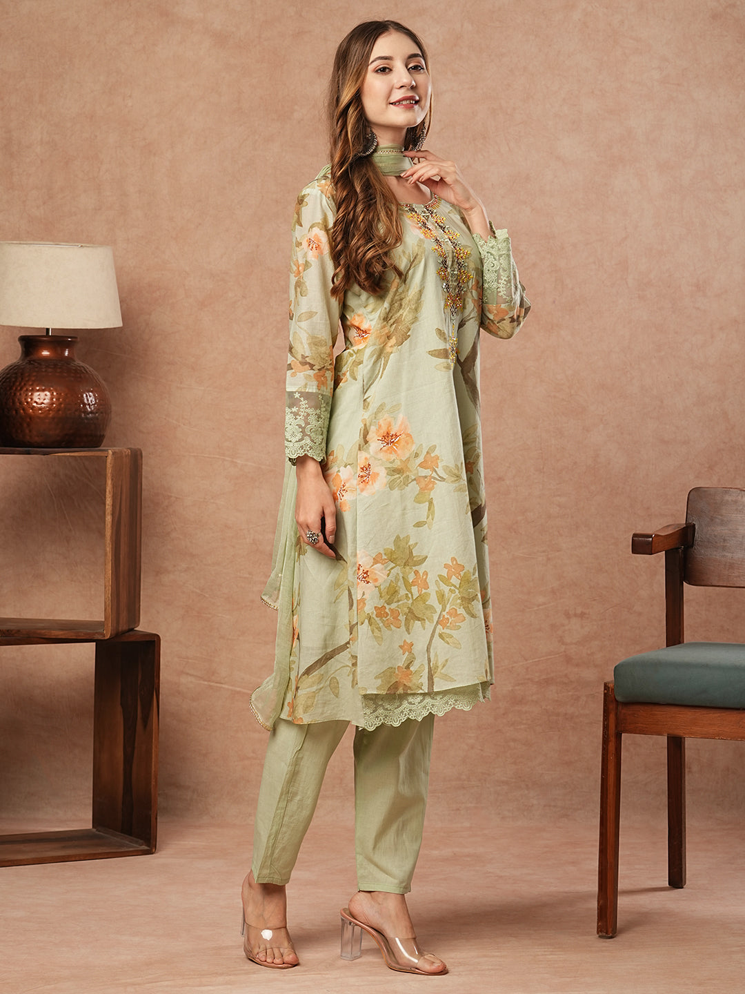 Floral Printed Mirror & Stones Embroidered Kurta with Pants & Dupatta - Pastel Green