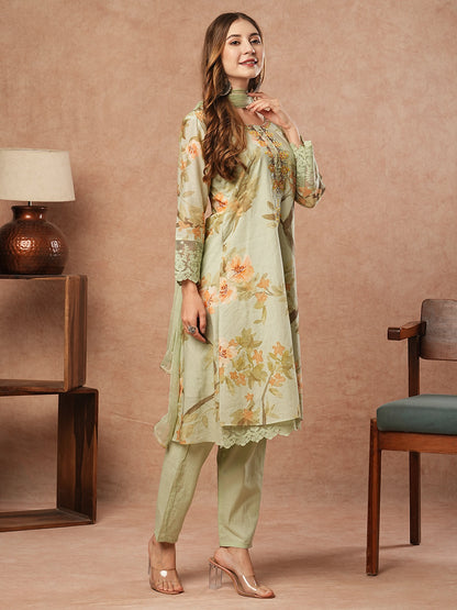 Floral Printed Mirror & Stones Embroidered Kurta with Pants & Dupatta - Pastel Green