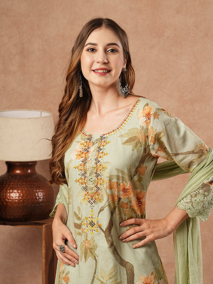 Floral Printed Mirror & Stones Embroidered Kurta with Pants & Dupatta - Pastel Green