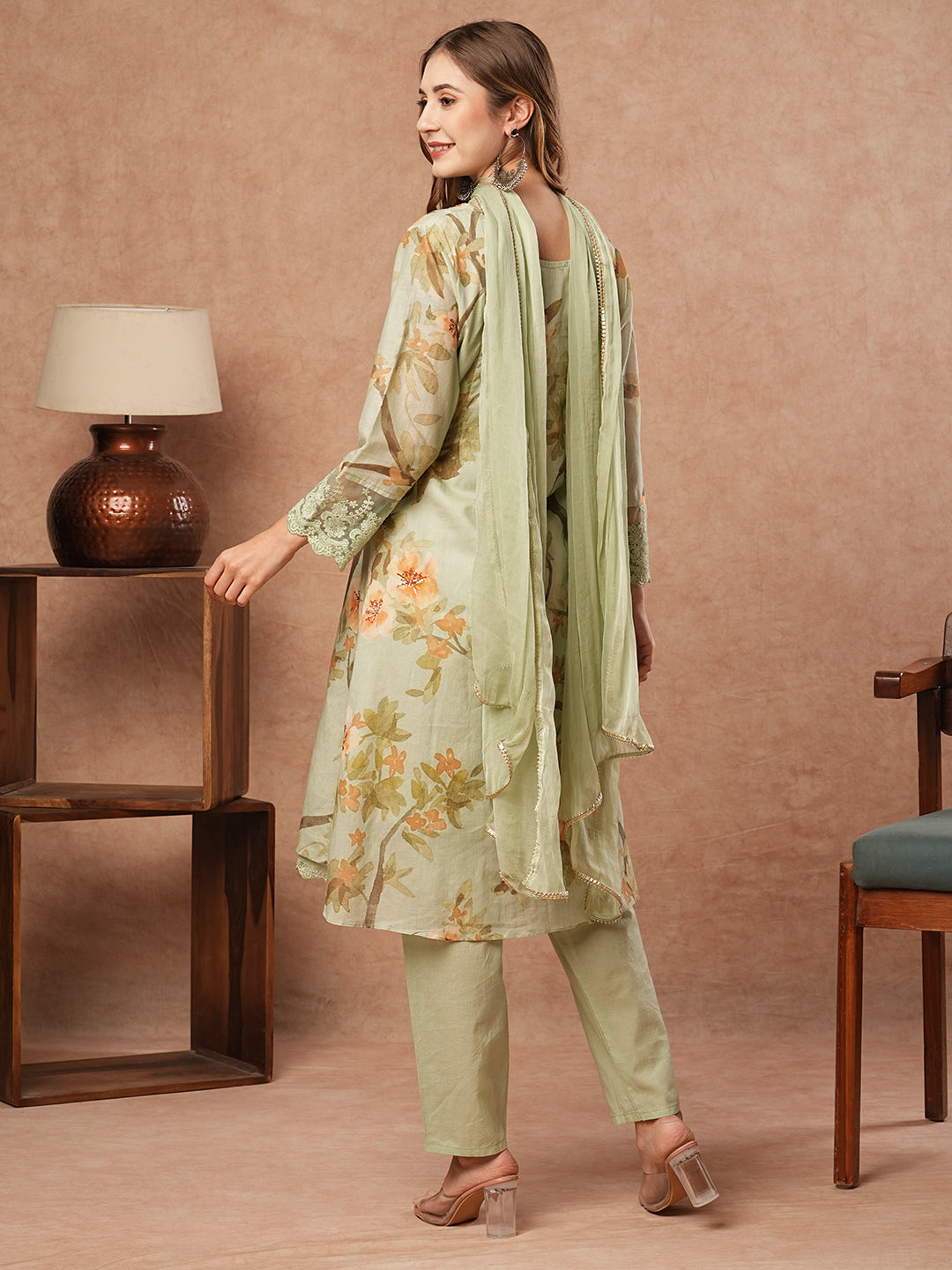 Floral Printed Mirror & Stones Embroidered Kurta with Pants & Dupatta - Pastel Green