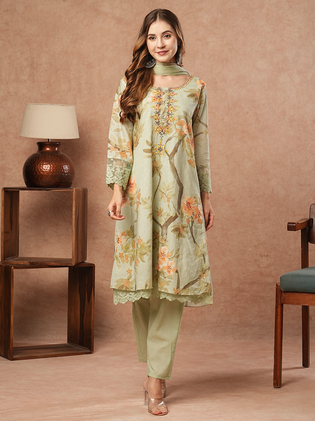 Floral Printed Mirror & Stones Embroidered Kurta with Pants & Dupatta - Pastel Green