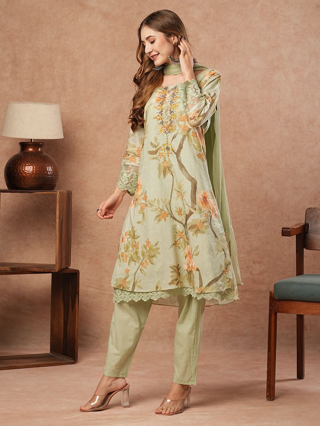 Floral Printed Mirror & Stones Embroidered Kurta with Pants & Dupatta - Pastel Green