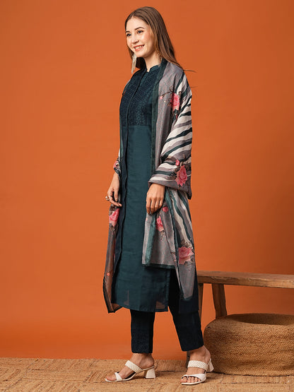 Solid Schiffili Embroidered Kurta with Pants & Printed Dupatta - Blue