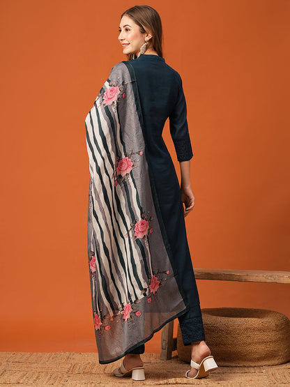 Solid Schiffili Embroidered Kurta with Pants & Printed Dupatta - Blue