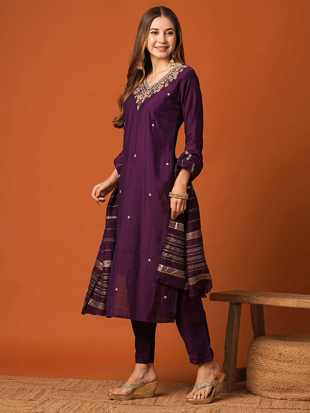 Solid Zardozi Embroidered Kurta with Pats & Woven Zari Jacquard Dupatta - Burgundy