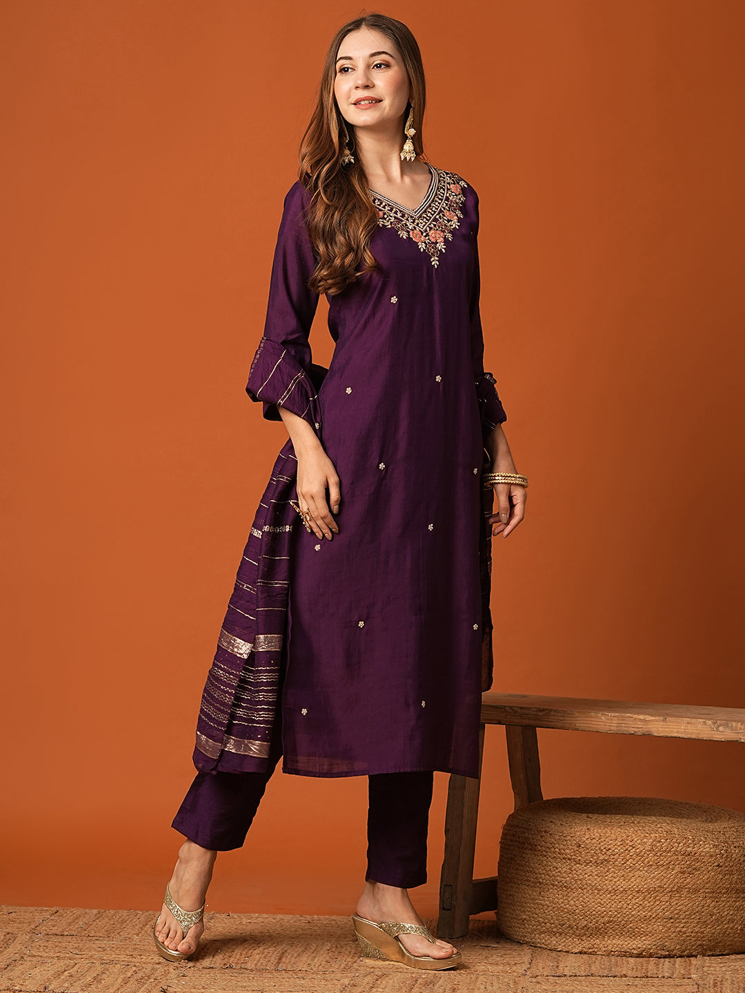 Solid Zardozi Embroidered Kurta with Pats & Woven Zari Jacquard Dupatta - Burgundy