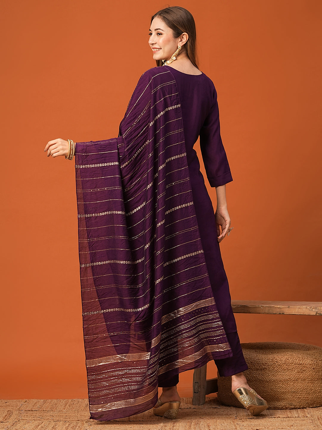 Solid Zardozi Embroidered Kurta with Pats & Woven Zari Jacquard Dupatta - Burgundy