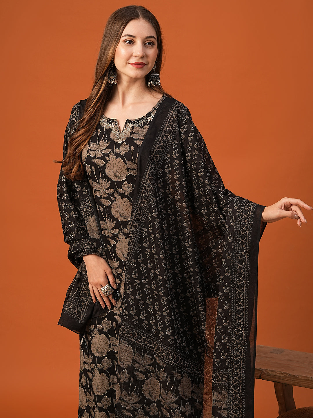 Floral Printed Resham & Zari Embroidered Kurta with Pants & Dupatta - Black