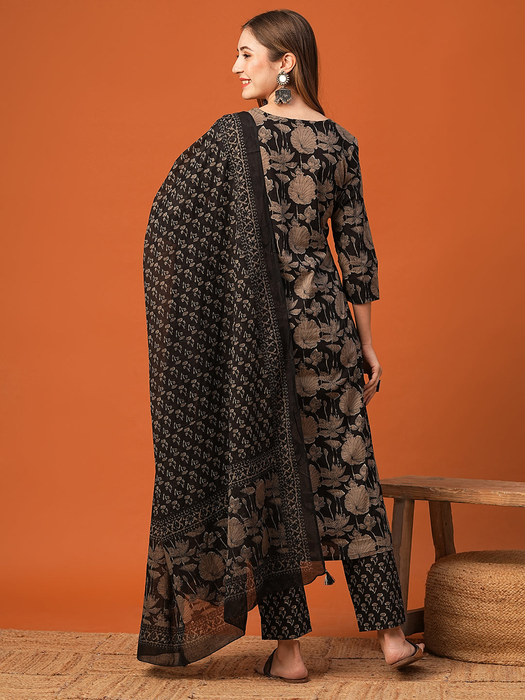 Floral Printed Resham & Zari Embroidered Kurta with Pants & Dupatta - Black