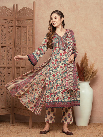 Floral Printed Mirror & Zari Embroidered Crochet Lace Work Kurta with Pants & Dupatta - Cream