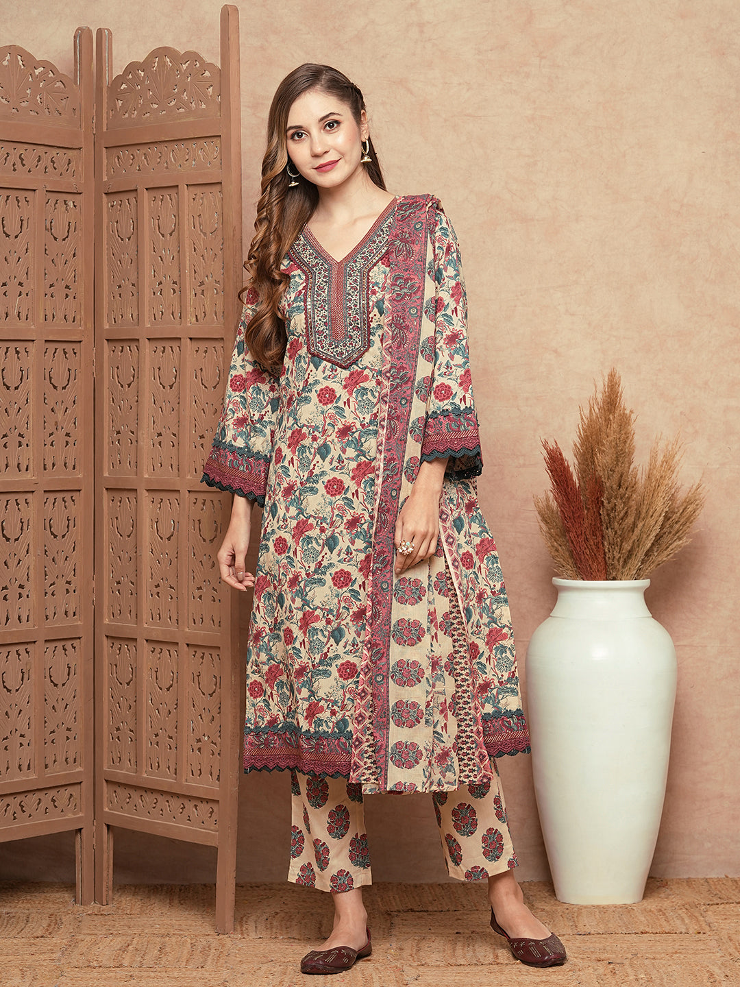 Floral Printed Mirror & Zari Embroidered Crochet Lace Work Kurta with Pants & Dupatta - Cream